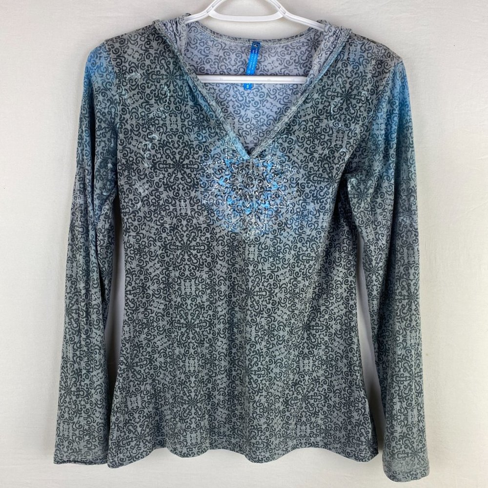 Kuhl Womens Basel Burnout Floral Hoodie Top Size Small Gray Pullover Long Sleeve